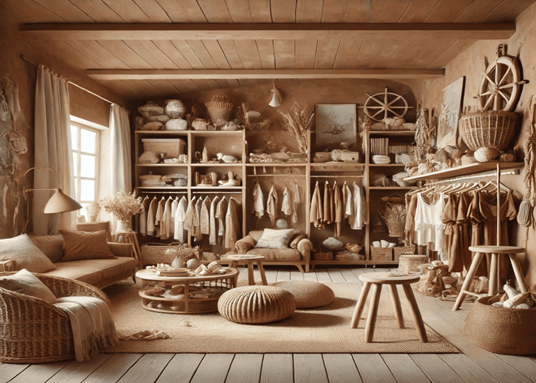 Intérieur d'une maison en bois avec de la décoration en bois et des vêtements couleurs naturels