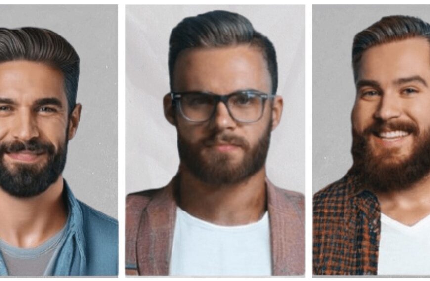 Portraits de cinq hommes avec différents styles de barbe et coiffures, allant d’un look moderne et soigné à un style classique avec moustache et barbe grise.