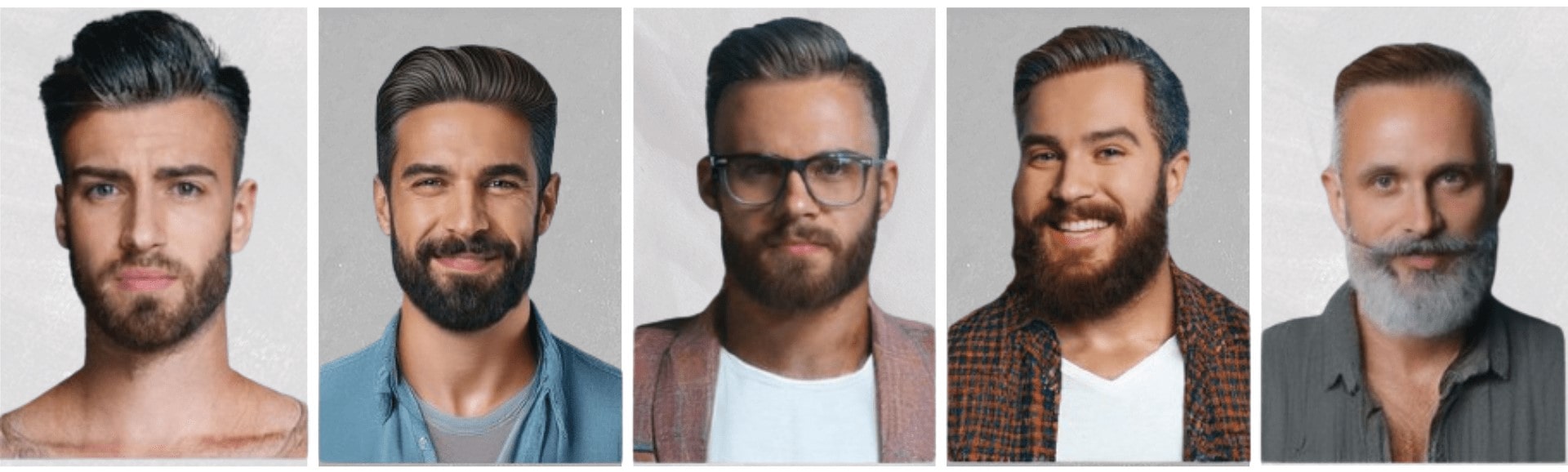 Portraits de cinq hommes avec différents styles de barbe et coiffures, allant d’un look moderne et soigné à un style classique avec moustache et barbe grise.