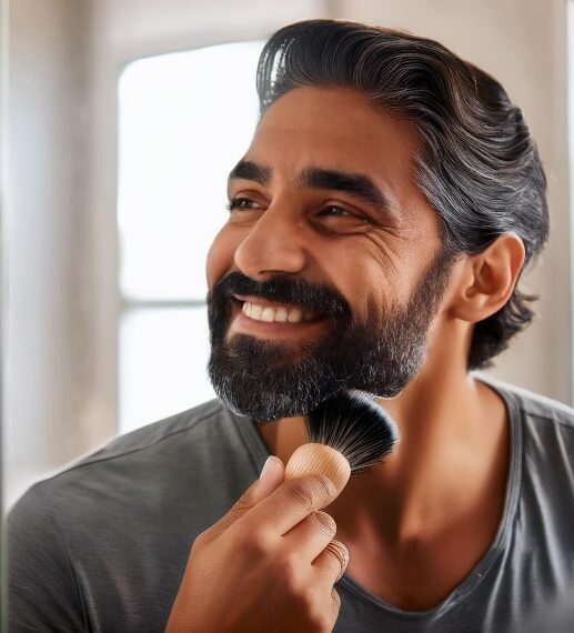 Homme souriant en train de brosser sa barbe devant un miroir. Il a environ 30 ans, les cheveux bruns coiffés en arrière et un teint mat.