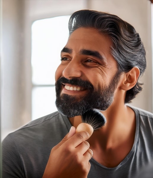Homme souriant en train de brosser sa barbe devant un miroir. Il a environ 30 ans, les cheveux bruns coiffés en arrière et un teint mat.